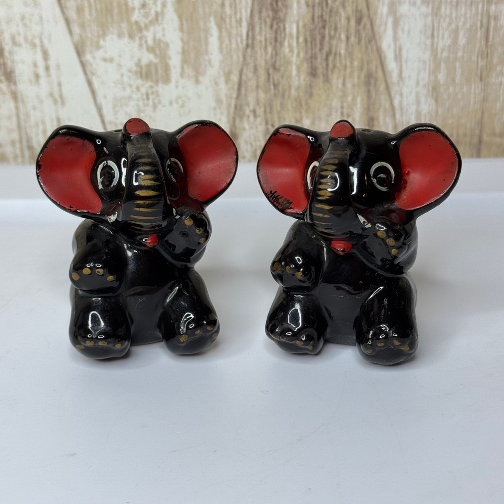 Vintage Black Elephant Salt and Pepper Shakers Japan Red Ears Cute Collectible